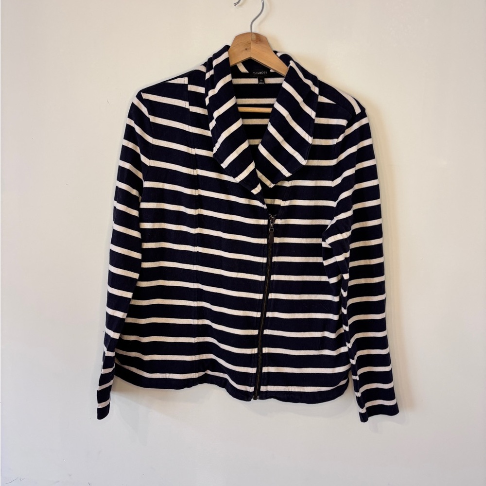 Talbots Moto Jacket 100% Cotton Pockets Nautical Striped Blue / White XL